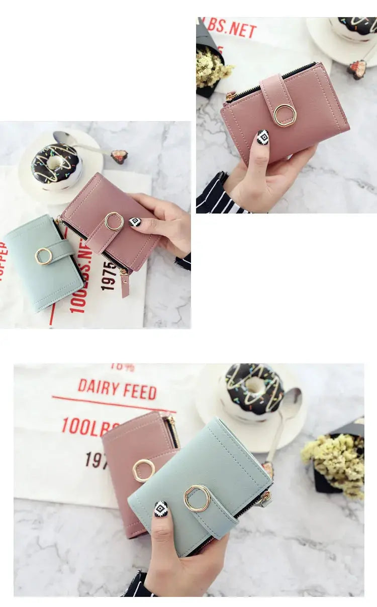 Short women's PU wallet with zipper; pink and mint blue coin purse, compact card holder set of 2