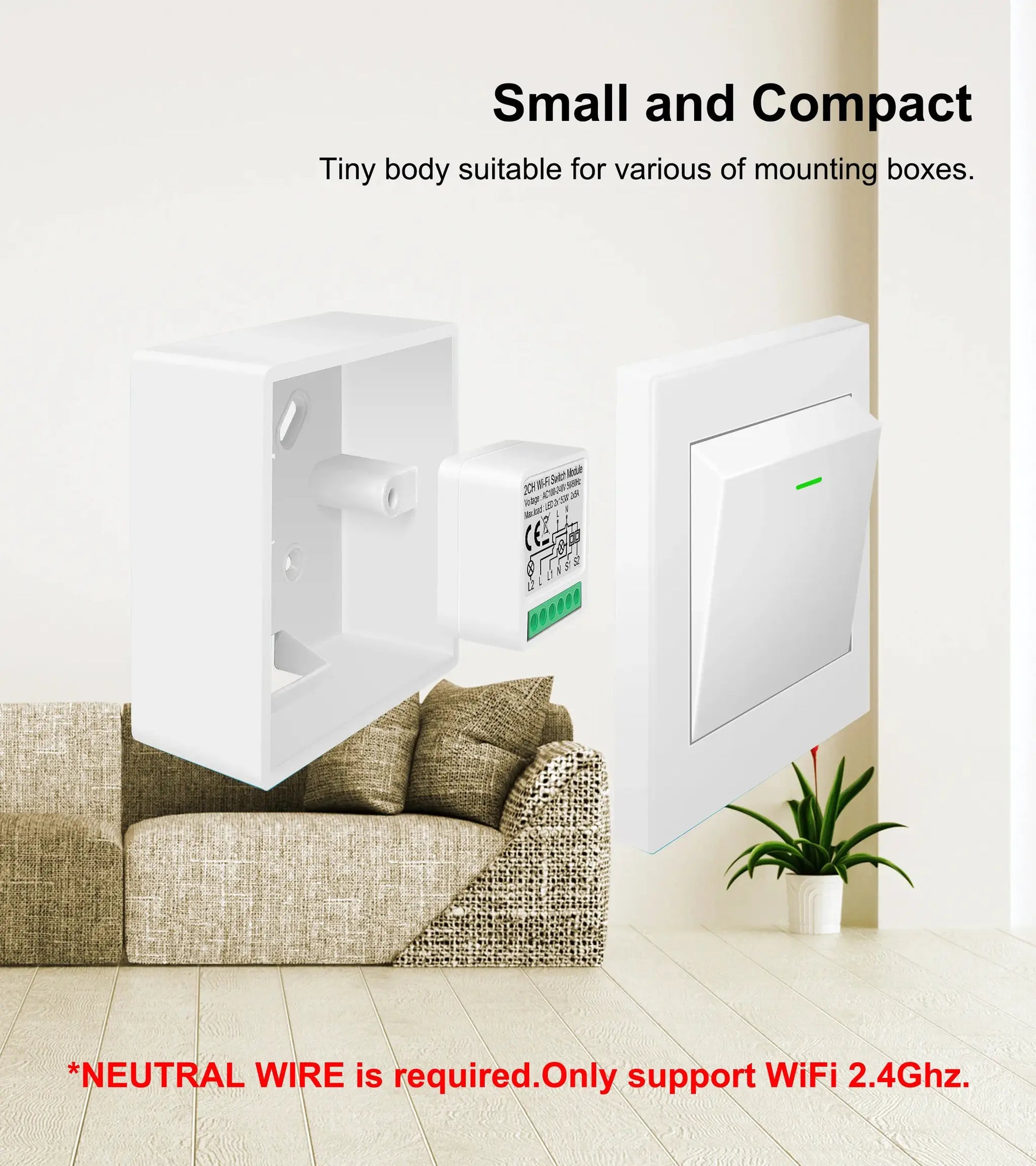 Tuya WiFi Smart Switch Module by Simples Market; white finish, 100–240V, 2-way control