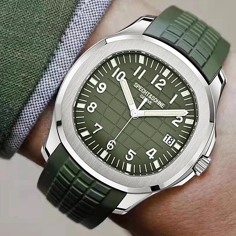 Specht&Sohne sports watch with green dial, green strap, luminous hands, stainless steel case, and date window.