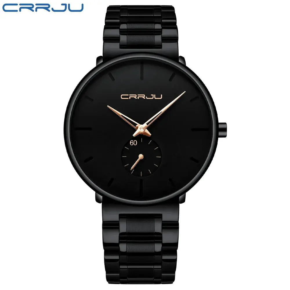 CRRJU men's stainless steel wristwatch with black dial and rose-gold hands