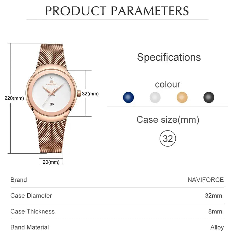 NAVIFORCE rose-gold stainless steel mesh watch, women's 32mm case, water resistant