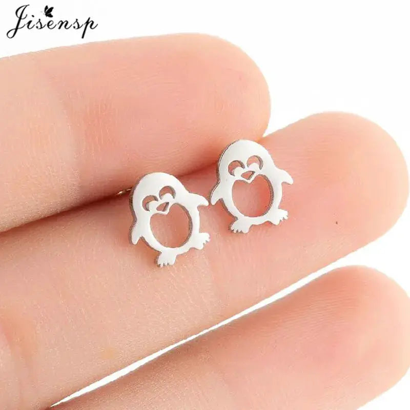 Stainless steel stud earrings, silver-tone pair featuring hummingbird animal designs