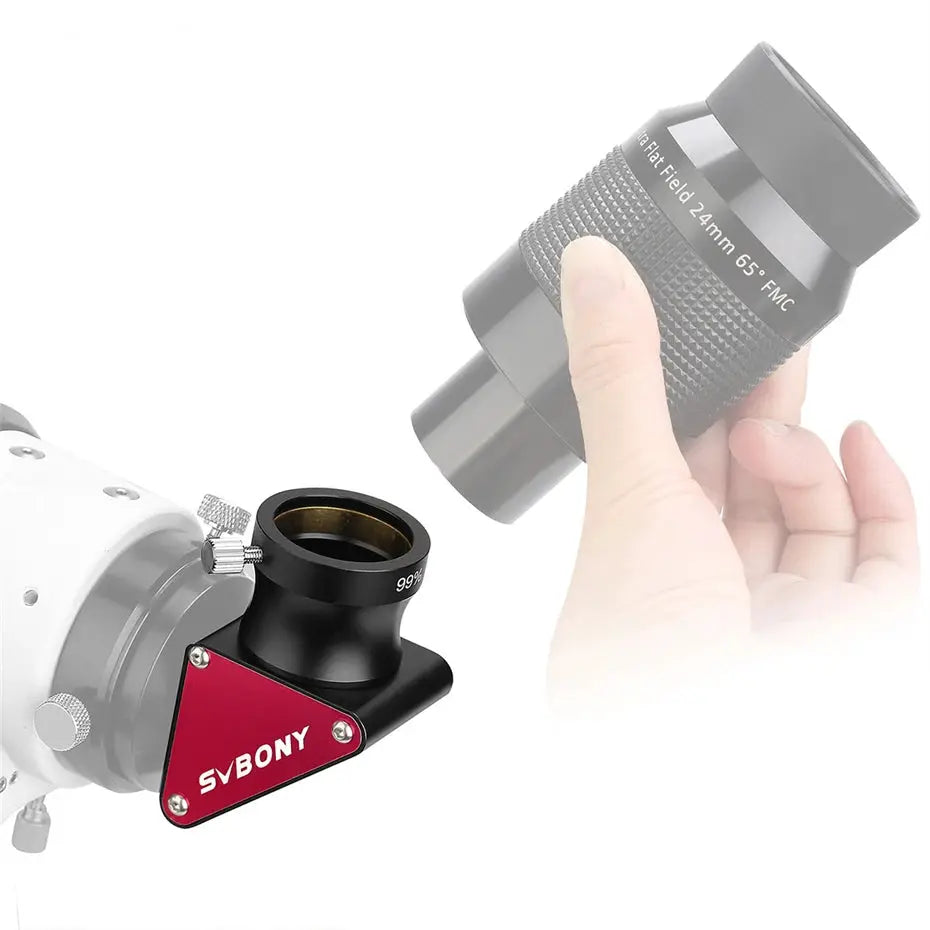 Two SVBONY SV188P 1.25-inch 90-degree dielectric mirror diagonals; black mounts with red SVBONY branding