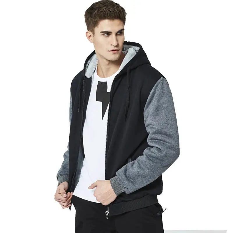 Simples Market men's zip-front hooded jacket, black body with gray sleeves for casual streetwear