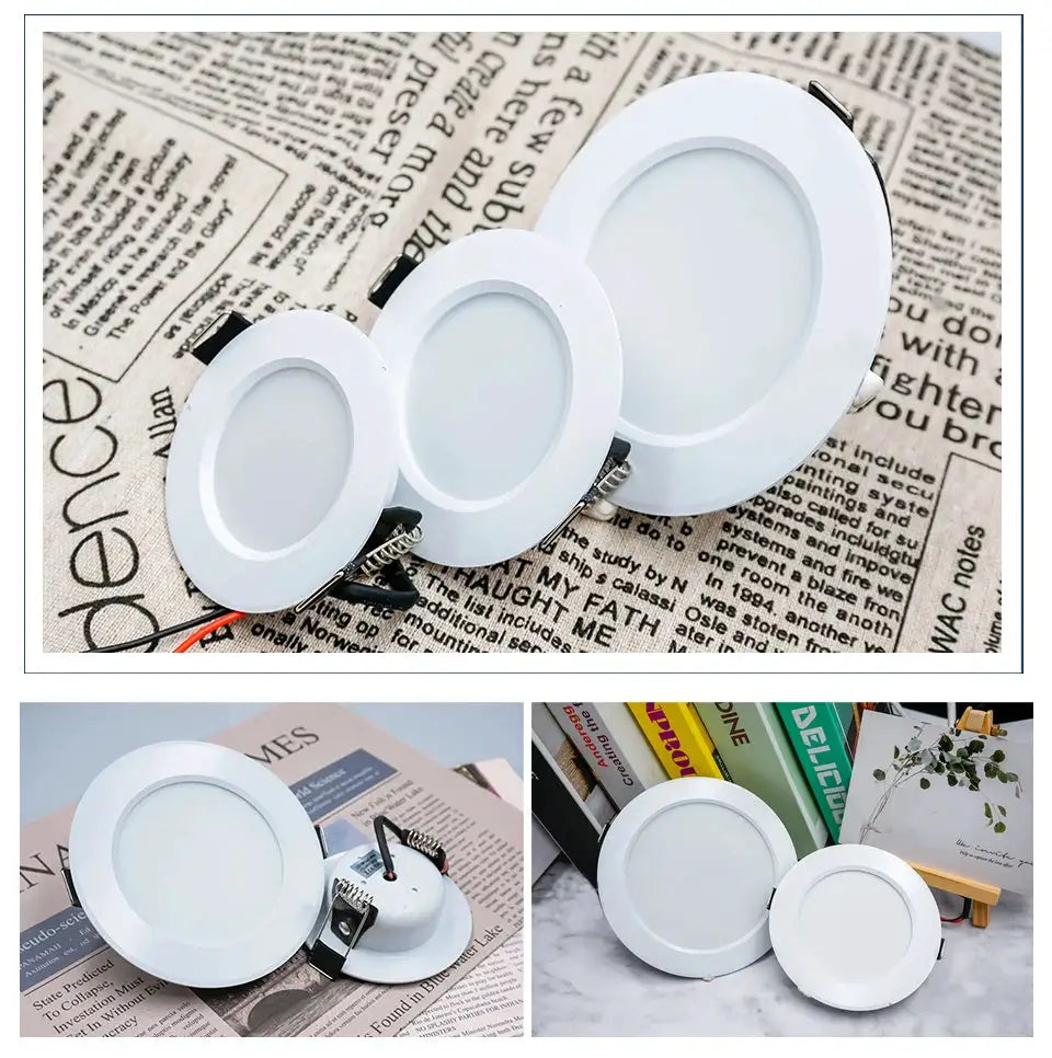 Simples Market white round LED recessed panel lights with metal spring clips, set of three