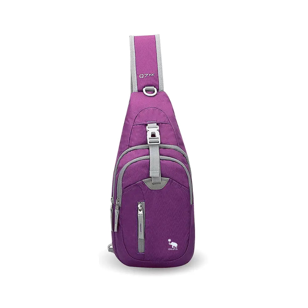 Purple OIWAS one-strap sling crossbody bag for men with gray zippers and front pockets