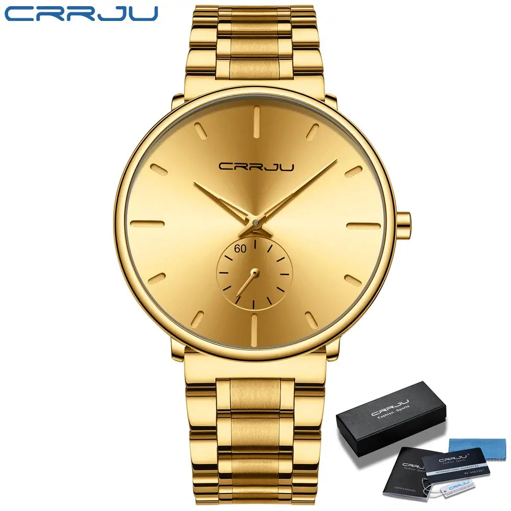 CRRJU gold-tone stainless steel men's wrist watch with link bracelet and box