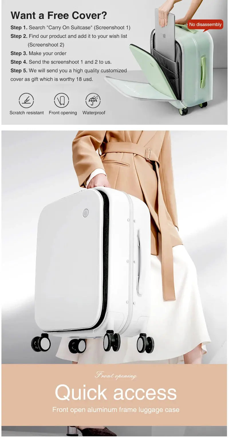 Simples Market Mixi patent design aluminum frame carry-on suitcase, white, front-opening with 4 spinner wheels (18/20/24 in)