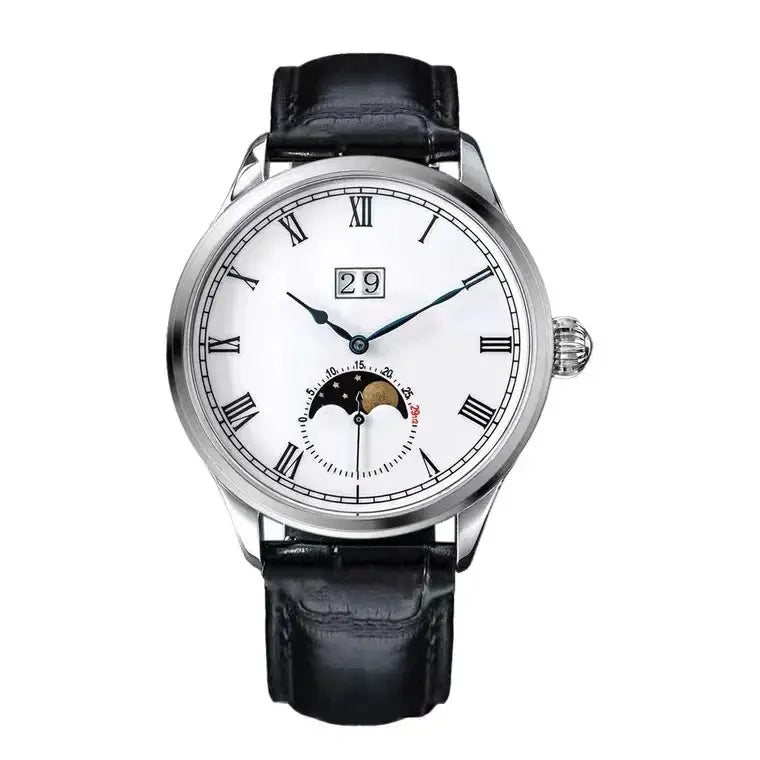 Sugess Tianjin ST25 moonphase men's watch, silver-tone case, white dial, Roman numerals, blue hands