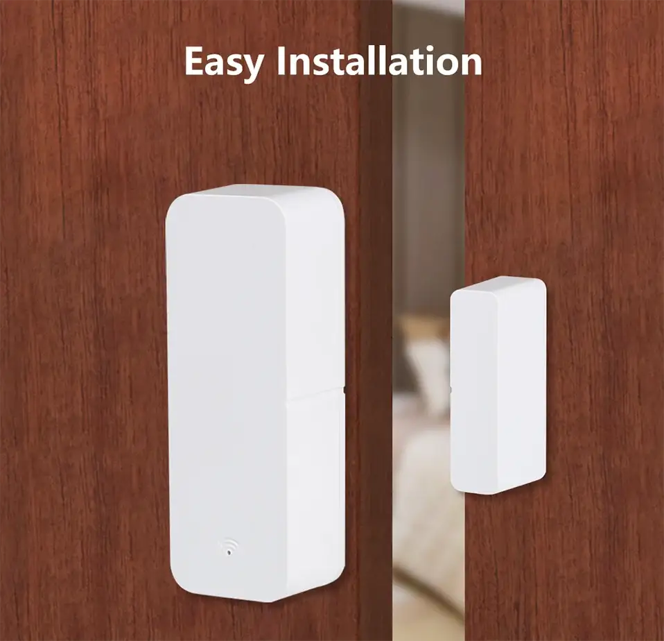 Door sensor kit by Simples Market, white plastic, Tuya Zigbee WiFi, includes two pieces (main unit + magnet)