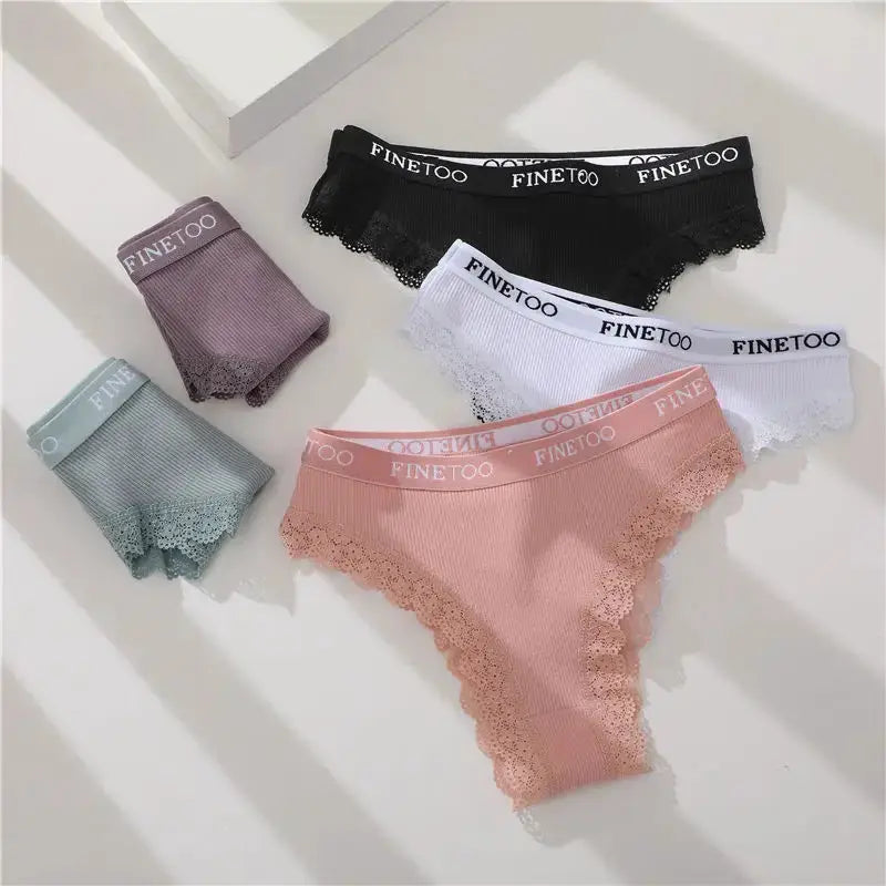 Women’s cotton lace panties set, 5-piece with FINETOO waistbands in black, white, pink, teal, and purple