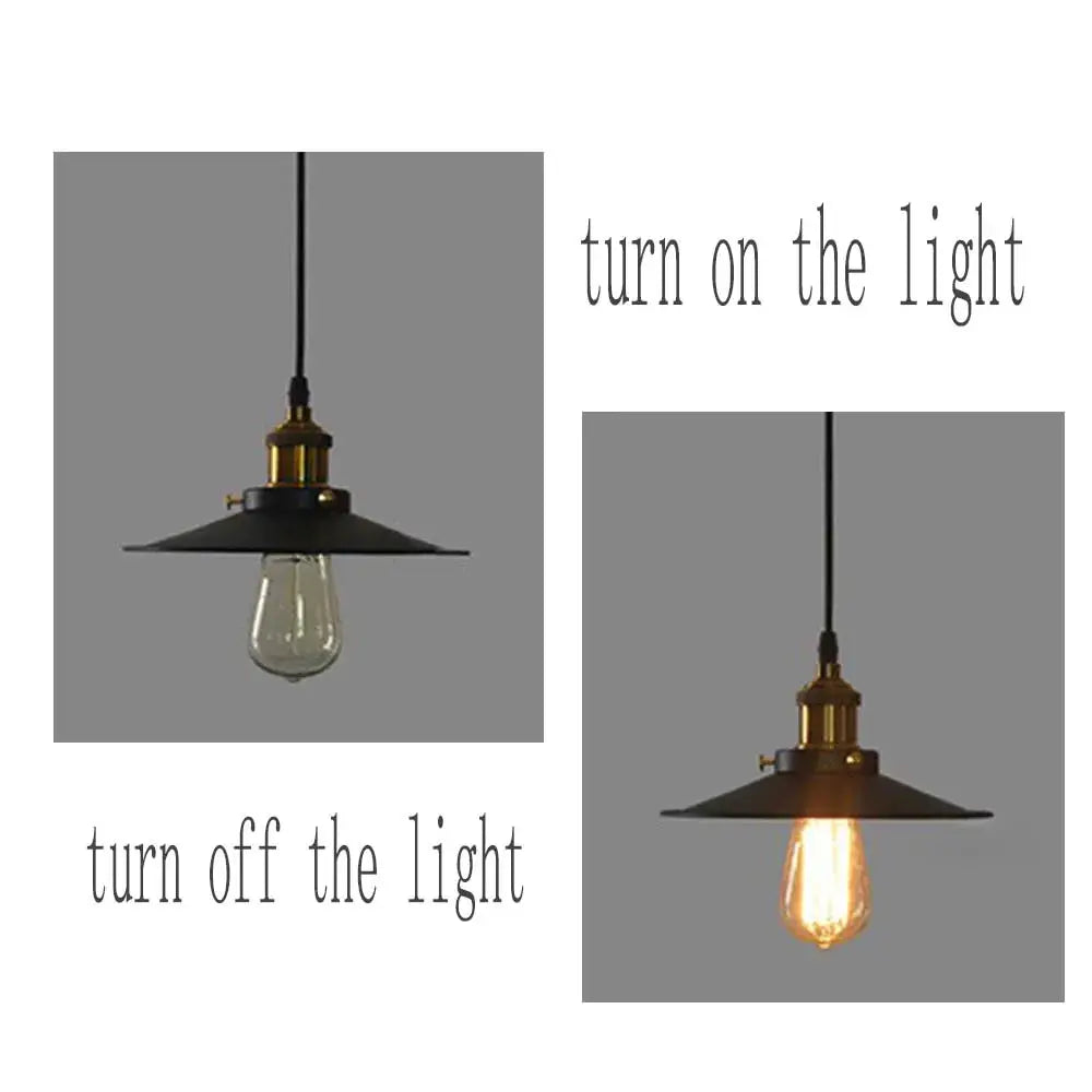 Vintage E27 Edison pendant lamp with black lacquered iron umbrella shade; two lamps shown, off and lit.