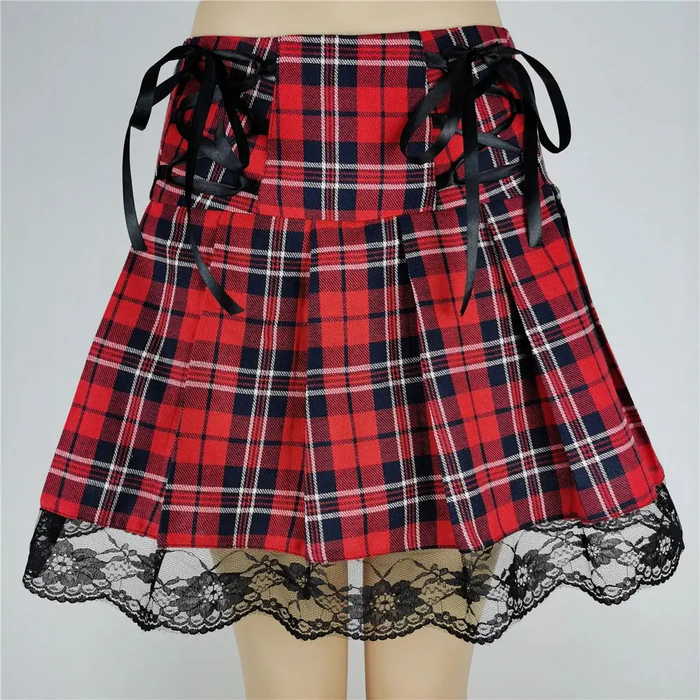 Red plaid mini skirt with black lace hem and side ribbon ties; high-waisted punk streetwear