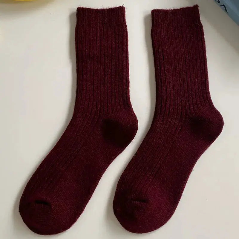 CHAOZHU Thick Warm Merino Wool Rib Socks For Women Solid Colors Loose Fit Japanese Korea Fashion Winter