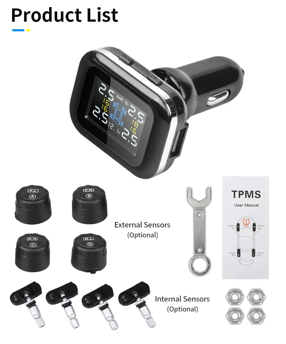 Car TPMS wireless cigarette-lighter tire pressure alarm by Simples Market with 4 external and 4 internal sensors