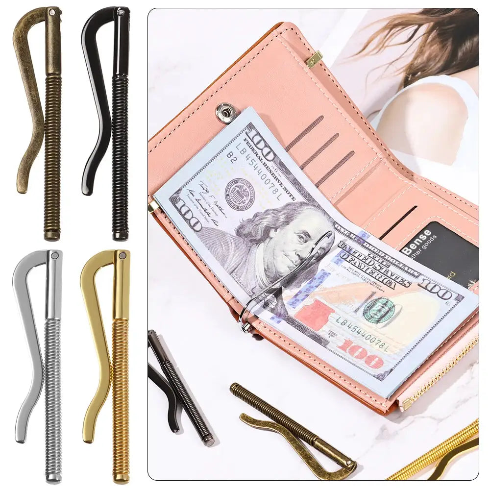 Metal bifold money clip wallet by Simples Market; pink wallet with card slots and cash pocket, plus assorted metal clamps.