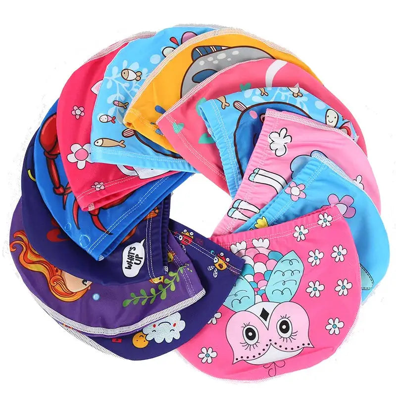 Kids Cartoon Swim Cap Elastic Fabric Pool Water Sports Ears Protection Hat Bathing Cap Boys Girls