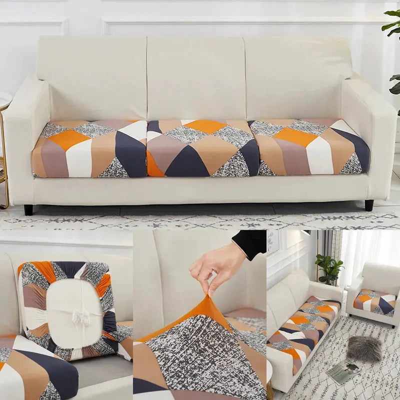 Geometric print sofa cover by Simples Market; elastic stretch corner sofa protector in orange, navy and tan.