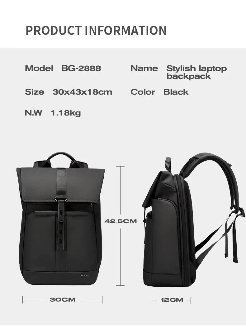 BANGE anti-theft waterproof laptop backpack in black, 30x43x18 cm with front buckle and top flap