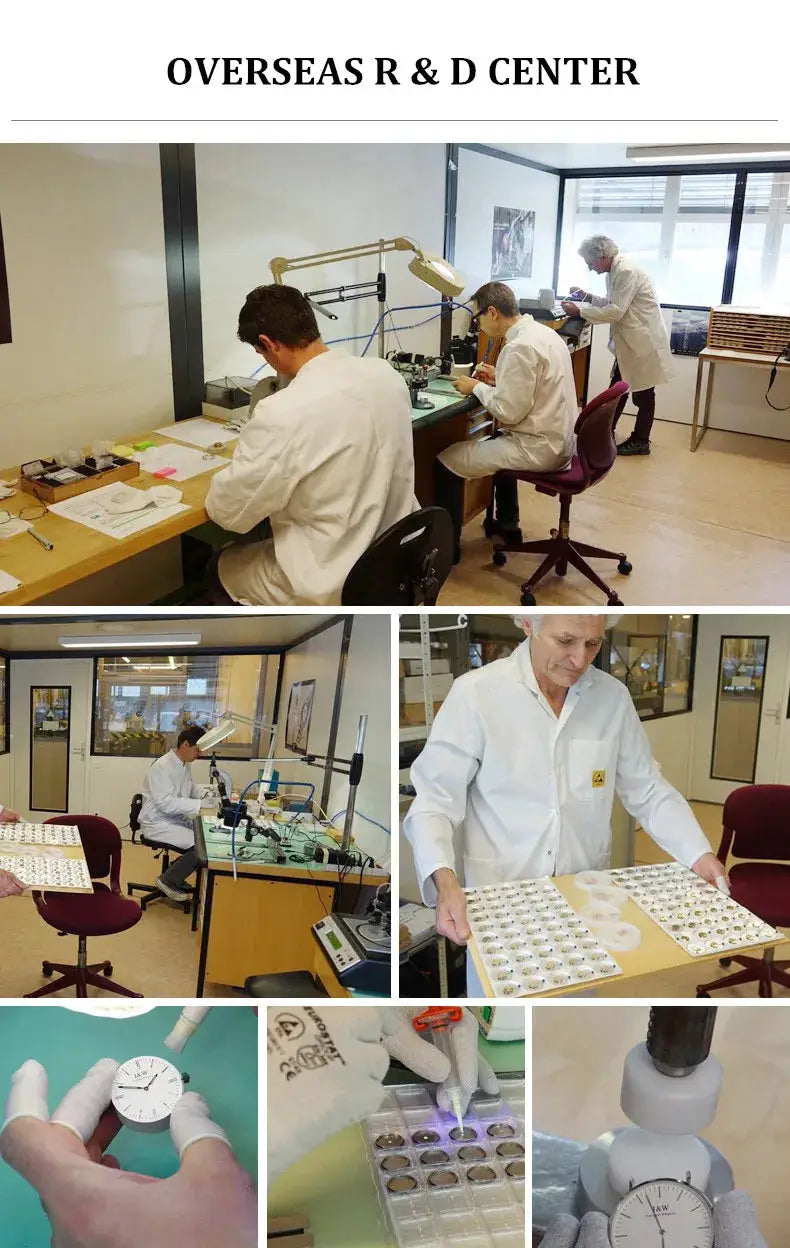 Luxury men's automatic wristwatch being assembled in a watchmaking workshop with technicians and precision tools