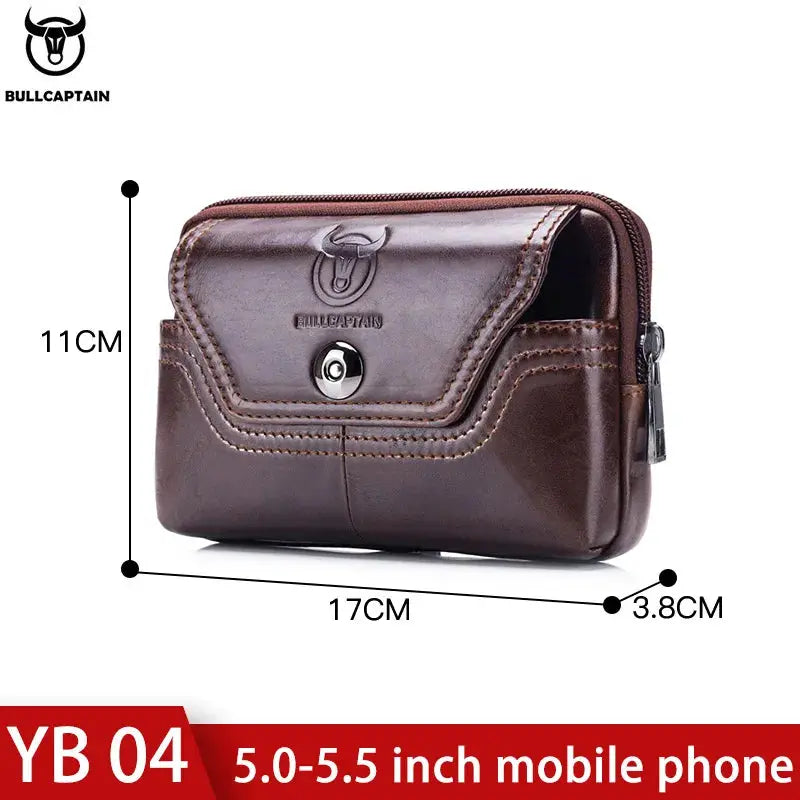Leather waist bag BullCaptain, brown men's fanny pack with zipper, 17x11x3.8 cm