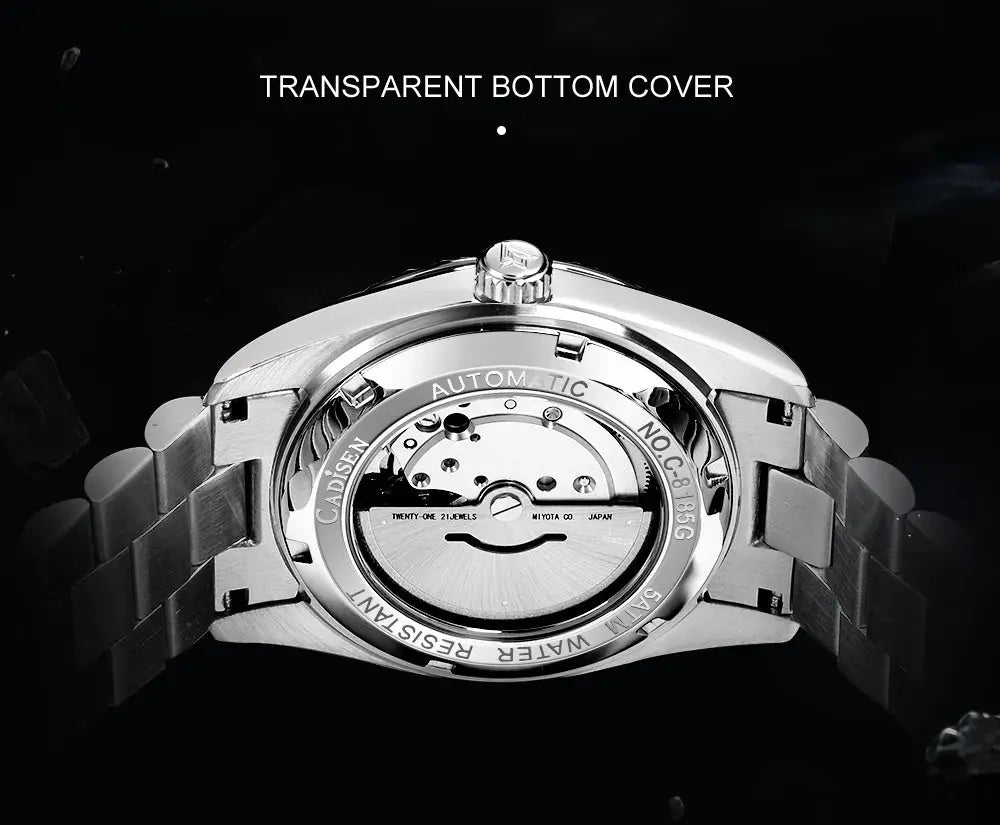 CADISEN stainless steel men's mechanical watch with transparent case back and Miyota 8285 movement