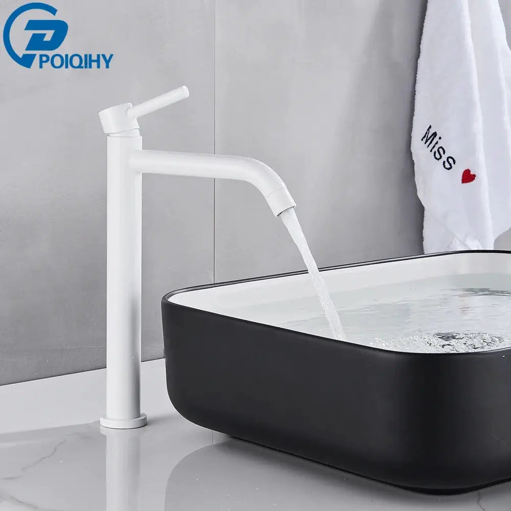 White bathroom basin faucet with curved spout beside a black washbasin; POIYH logo visible.