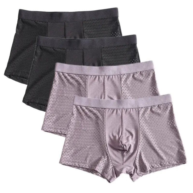 Simples Market bamboo fiber men's boxer briefs 4-pack in black, gray, and lilac