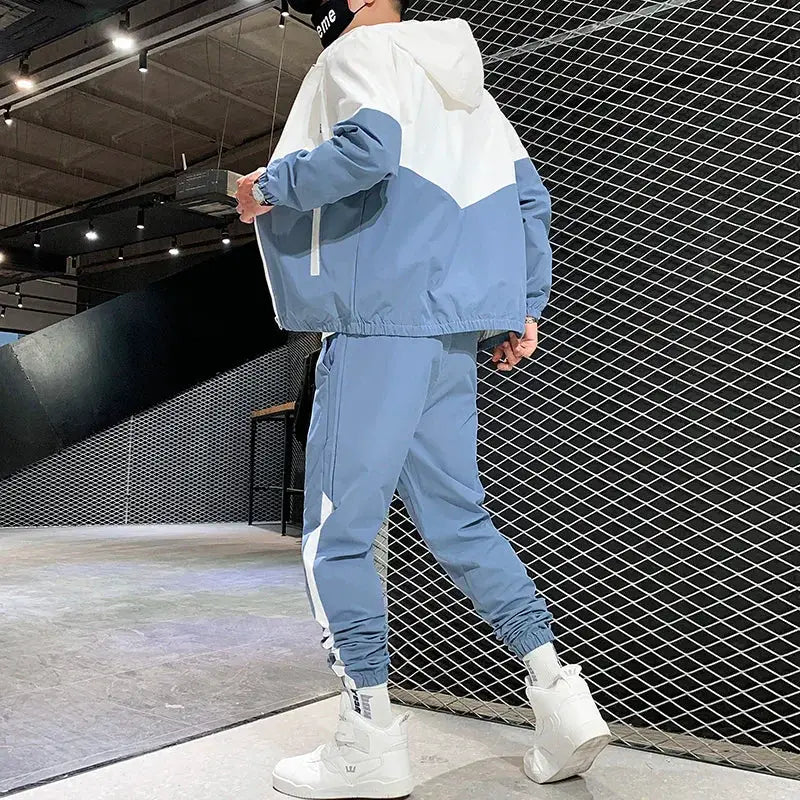 Men's blue and white color-block tracksuit 2-piece set by Simples Market, hooded jacket and joggers