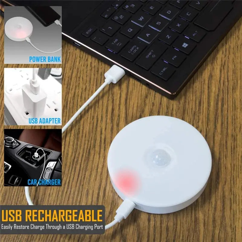Night Light USB Motion Sensor Round LED Lamp; white, USB rechargeable, energy-saving for bedroom, hallway or bathroom