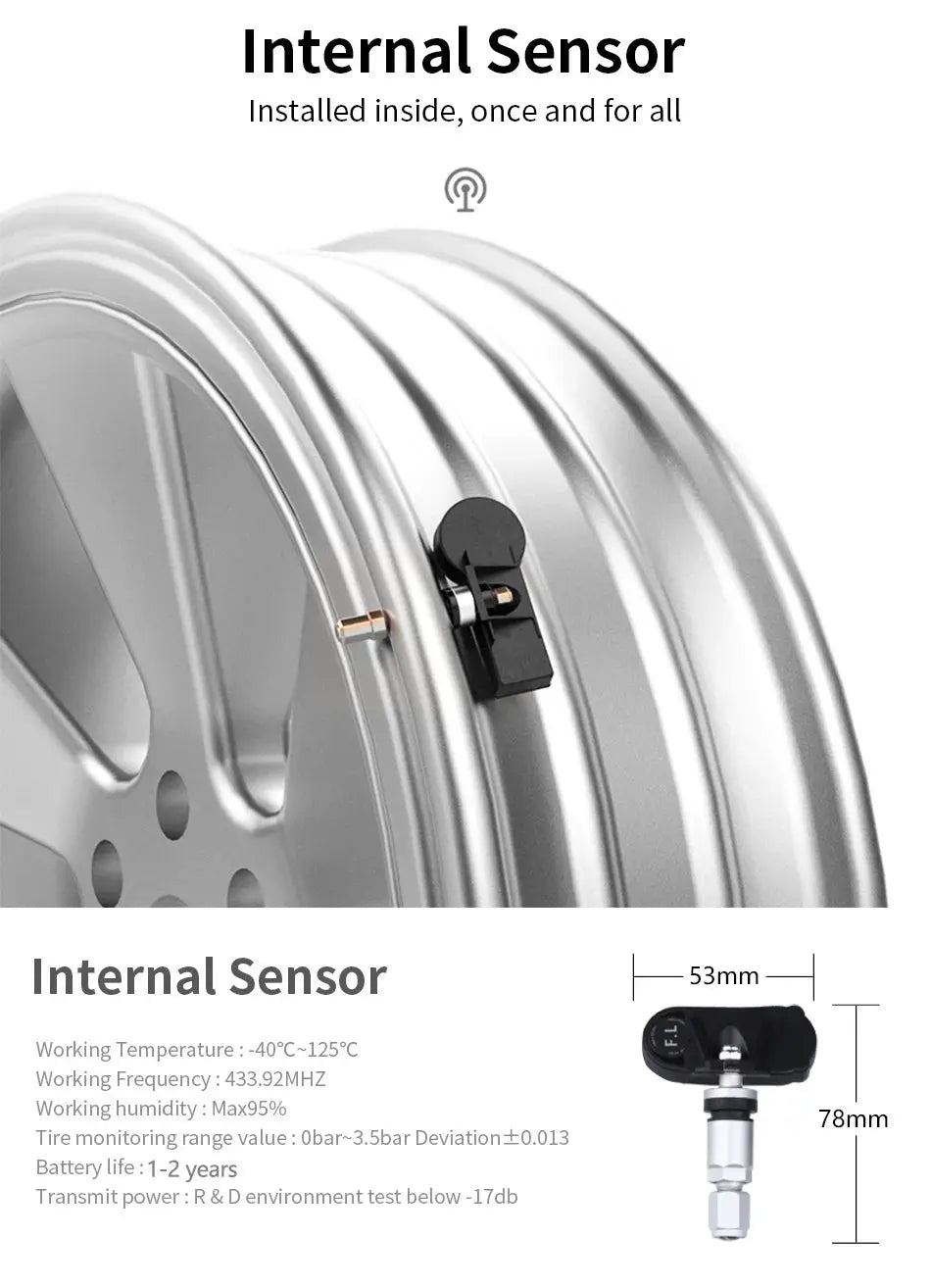 Car TPMS internal sensor; black plastic module mounted on alloy wheel near the valve stem.