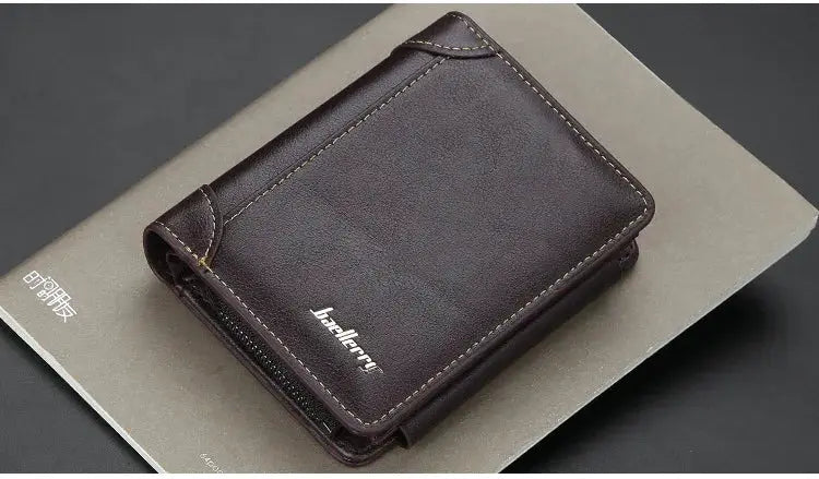 Simples Market PU leather men's wallet with zipper, short design, dark brown