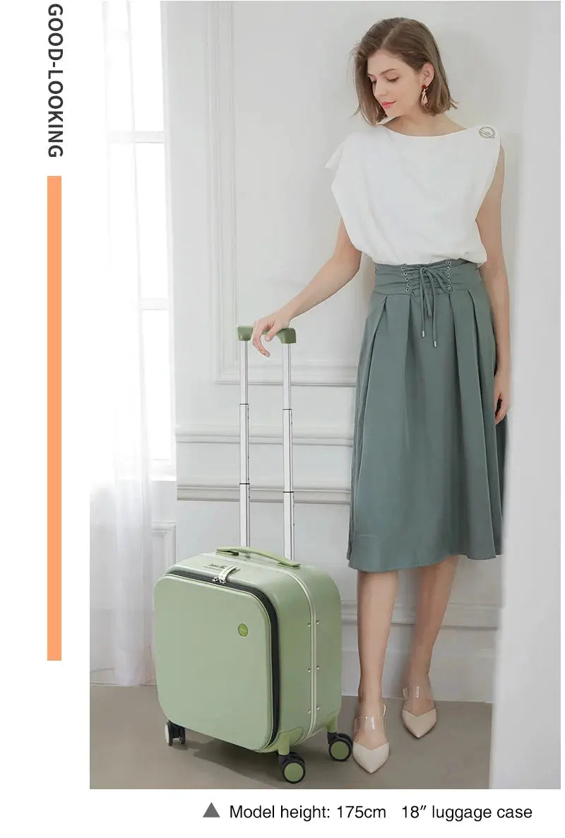 Mixi patent-design aluminum-frame carry-on rolling luggage in mint green, 18-inch cabin size
