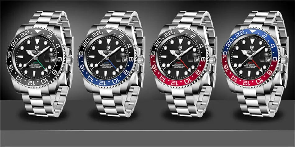 PAGANI DESIGN luxury men's stainless steel GMT watches set of 4 with black, blue and red bezels