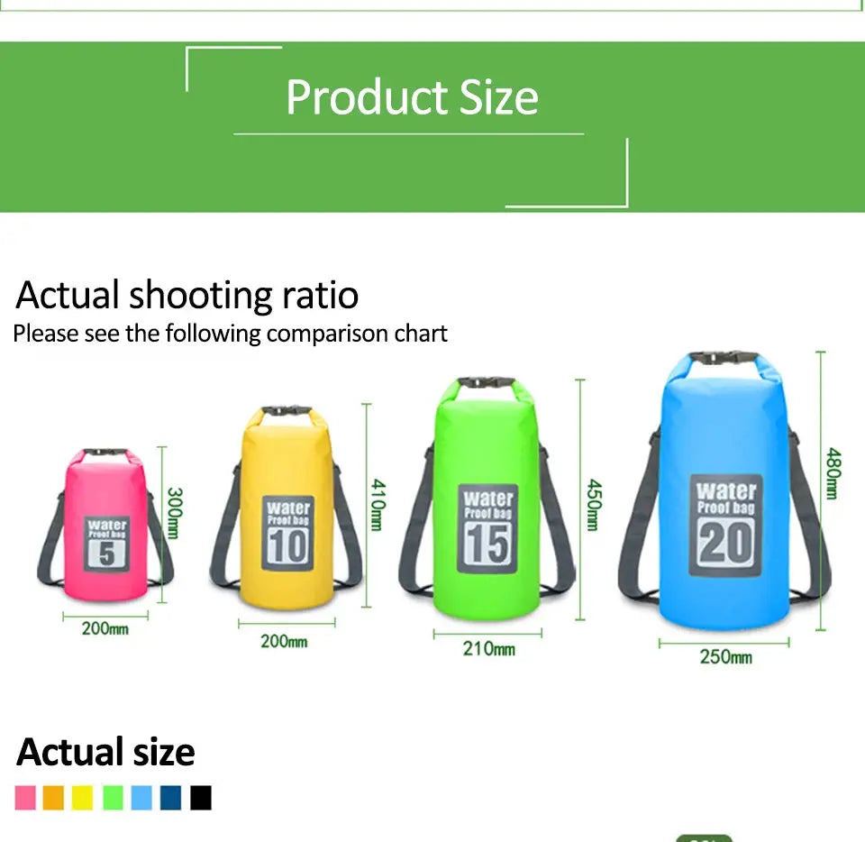 PVC waterproof dry bag set in pink, yellow, green and blue with double-shoulder straps; 200-250mm wide, 300-480mm tall
