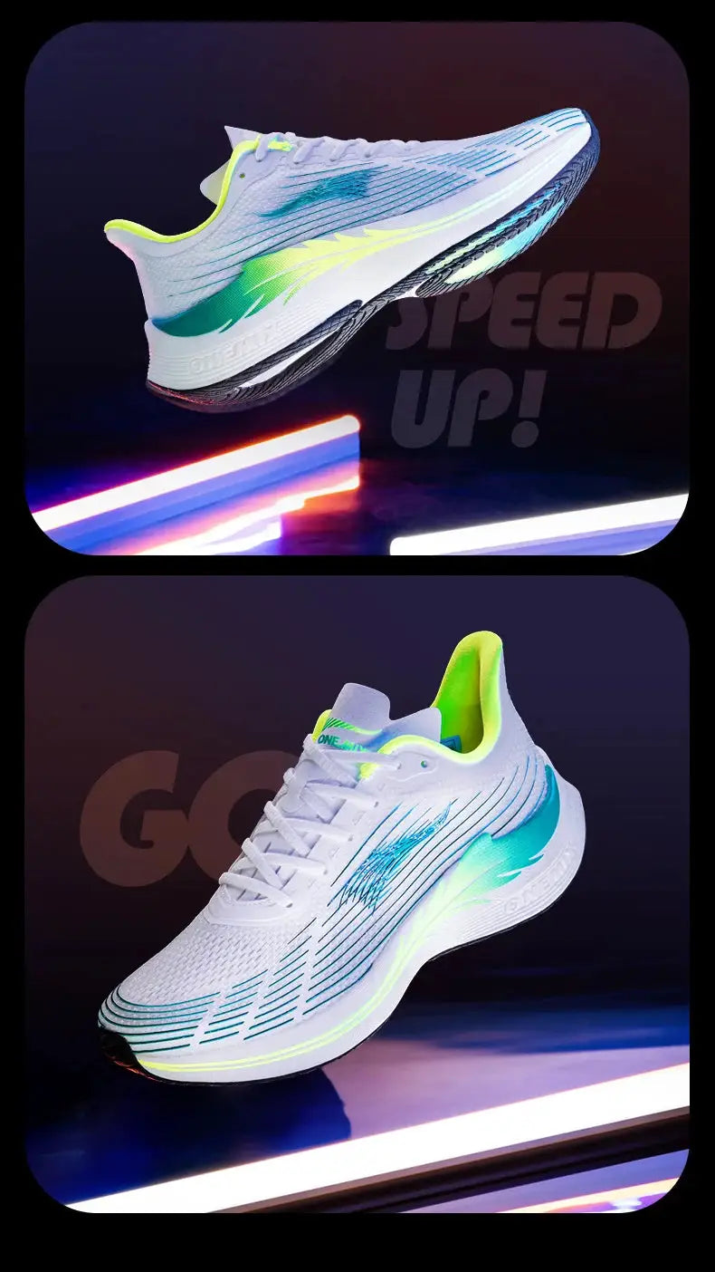 Onemix running shoes pair, white with neon lime accents, breathable lightweight sneakers by Simples Market