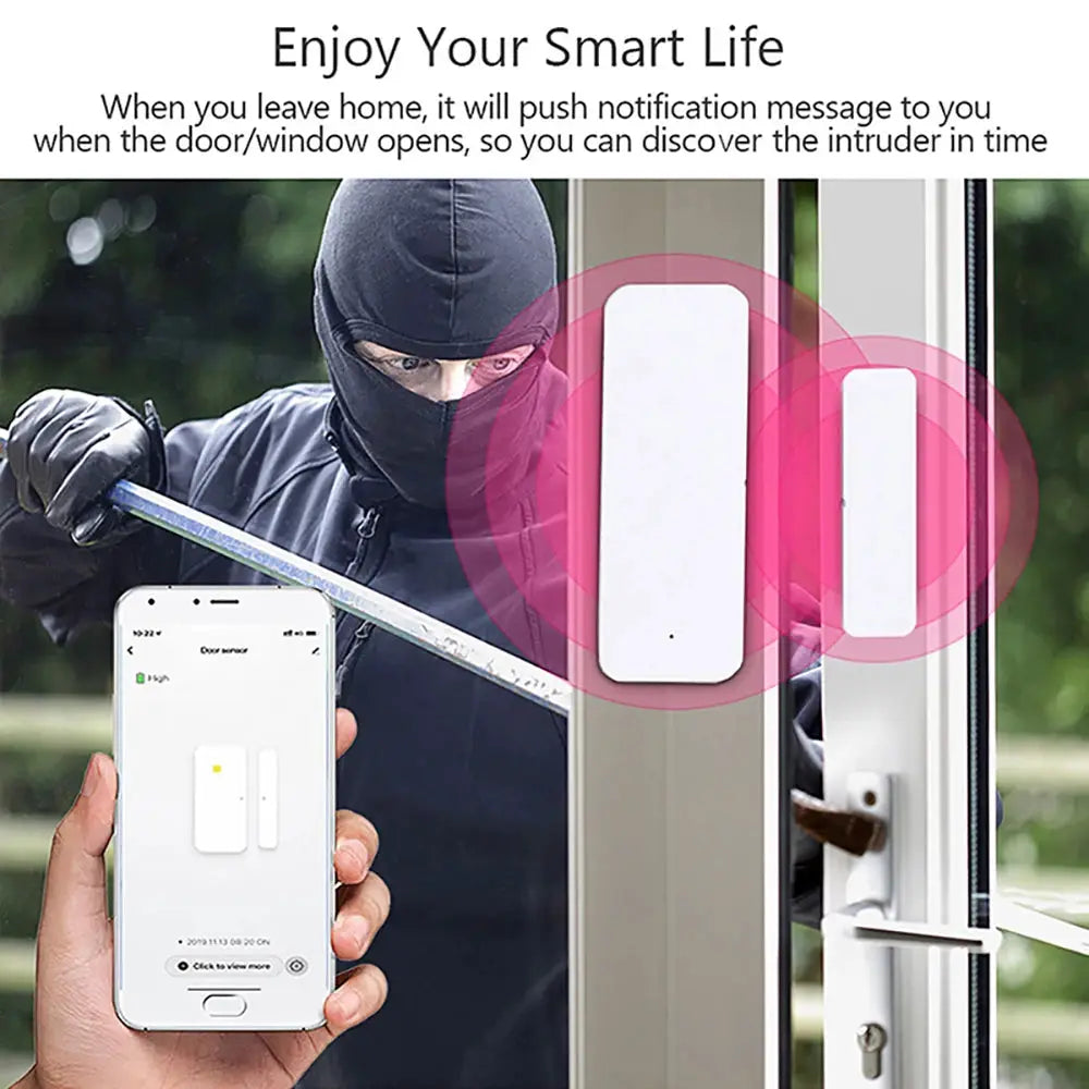 Door sensor kit by Simples Market; two white contact sensors on a door frame with mobile app status