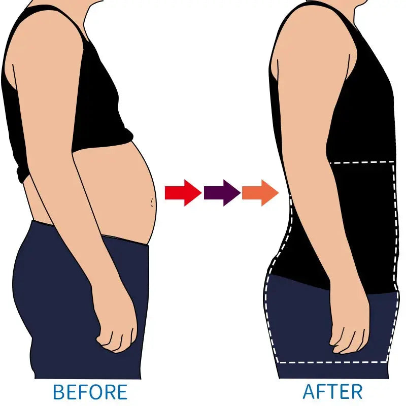 Men's tummy control shorts shapewear, black high‑waist abdomen shaper; before and after illustration.