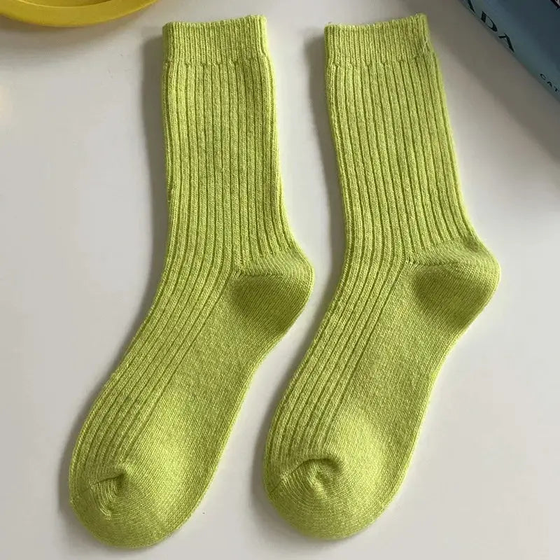 CHAOZHU Thick Warm Merino Wool Rib Socks For Women Solid Colors Loose Fit Japanese Korea Fashion Winter