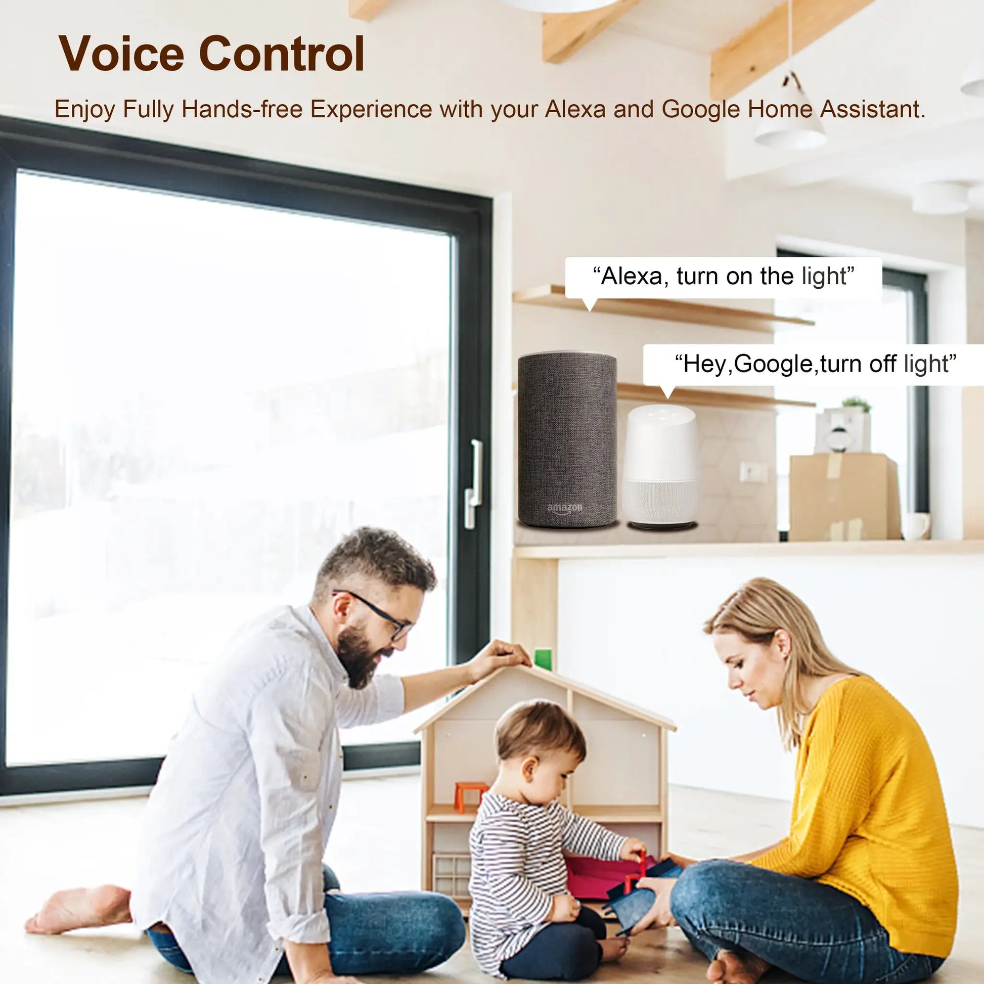 Tuya Wifi Smart Switch Module by Simples Market for Alexa/Google Home, shown with Amazon Echo in a modern living room.