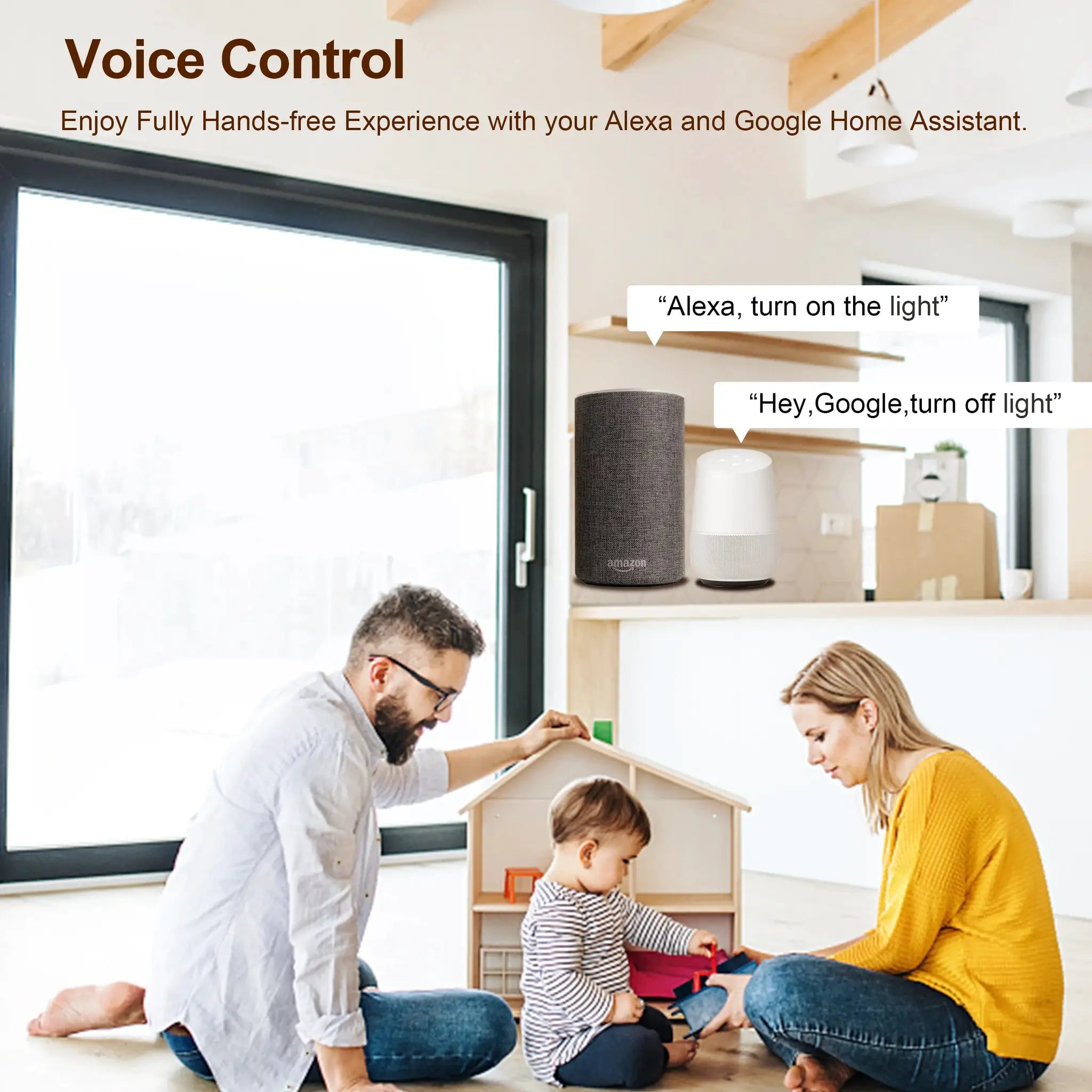 Tuya Wifi Smart Switch Module by Simples Market for Alexa/Google Home, shown with Amazon Echo in a modern living room.