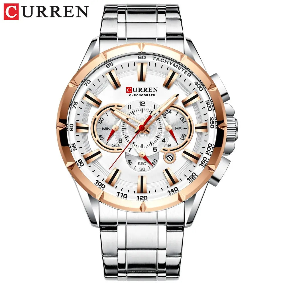 Relogio Masculino Curren com pulseira de aço inox e cronógrafo, aro rose gold