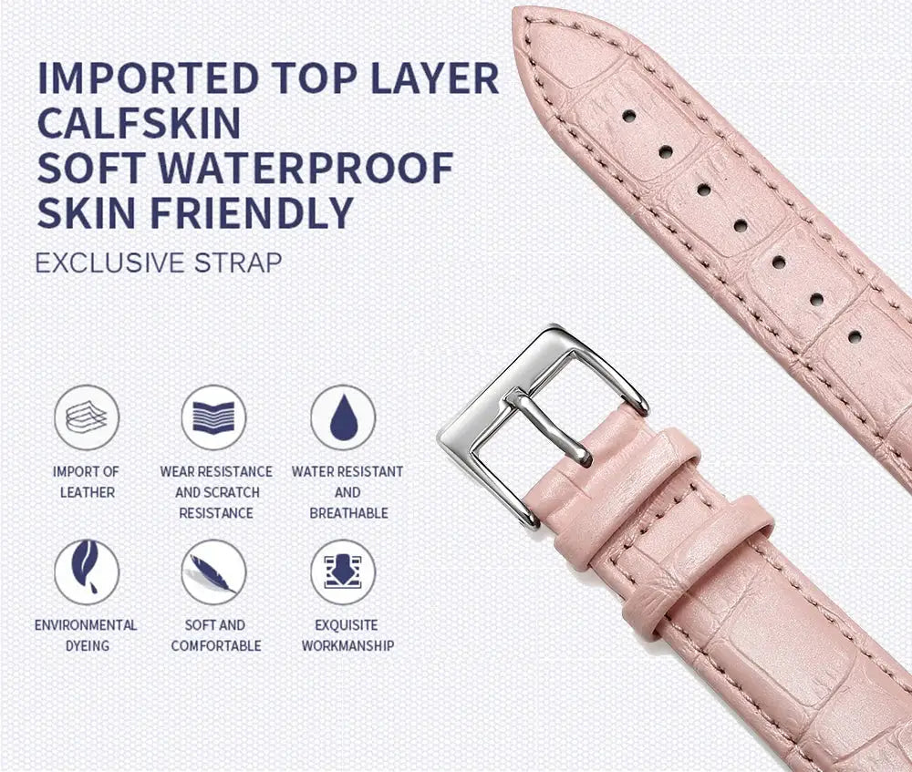 Pink textured genuine leather watch band strap with a silver buckle; fits 12–24 mm watches.