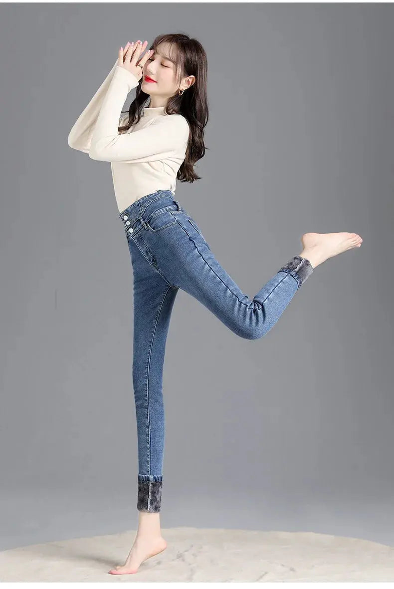 Thermal Winter Thick Fleece High Waist Stretch Skinny Jeans For Women