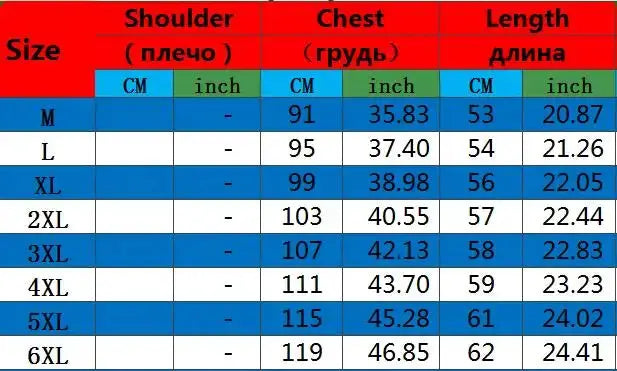 Men's vest size chart showing shoulder, chest, and length measurements from M to 6XL