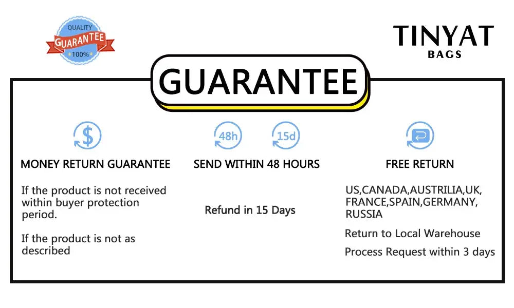 TINYAT Bags guarantee infographic by Simples Market showing money-back guarantee, 48h processing, and free returns
