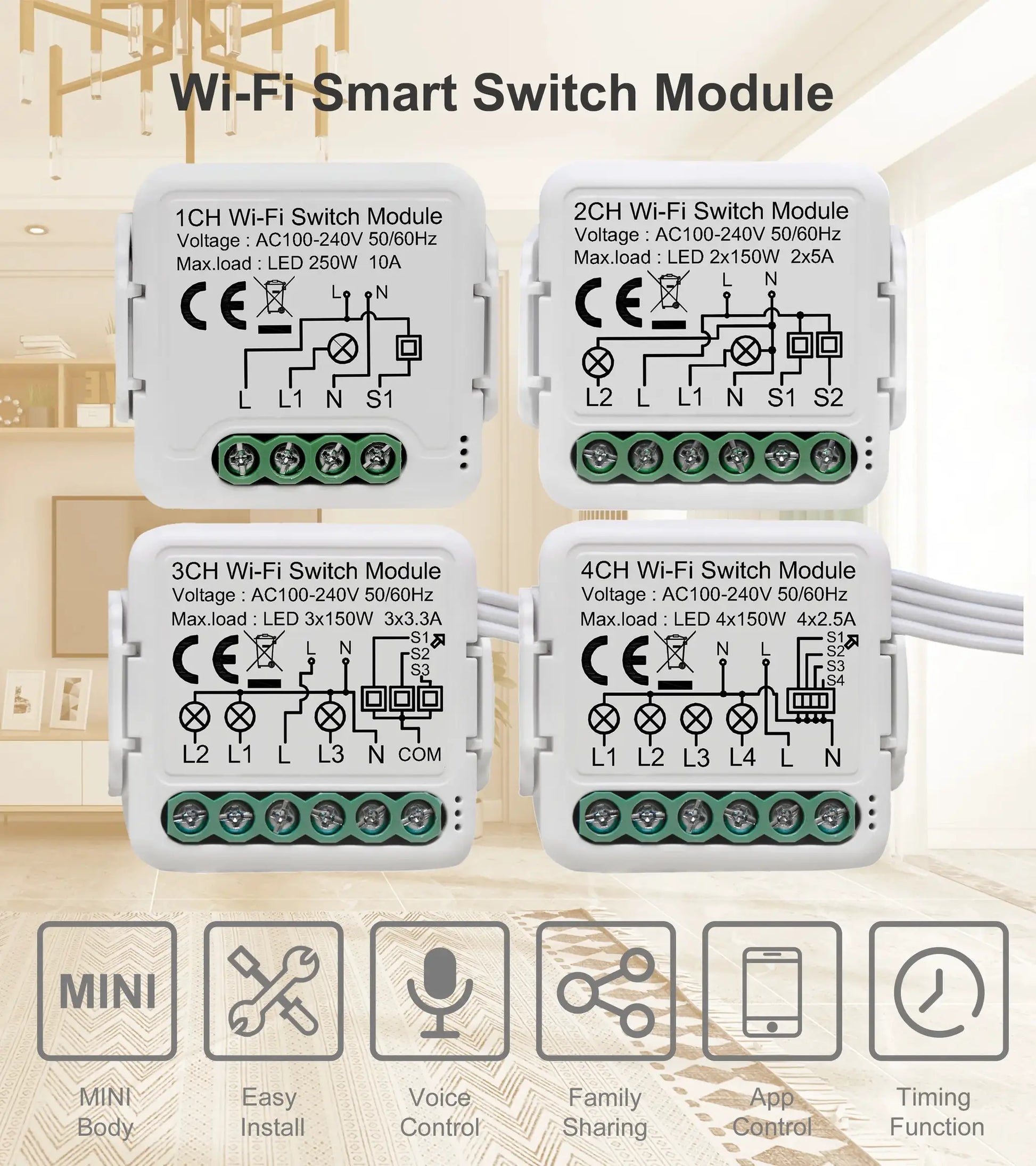 Simples Market Wi-Fi smart switch module set (4 units: 1CH–4CH), white enclosures with green terminal blocks
