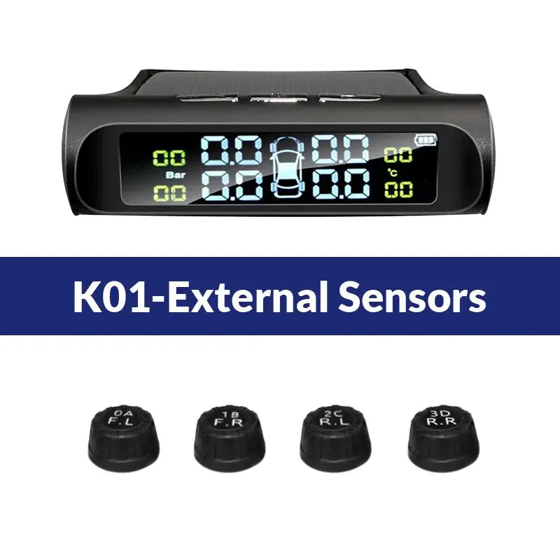 E-ACE Solar Power TPMS Tire Pressure Monitor System by Simples Market with K01 external sensors and four valve-cap sensors