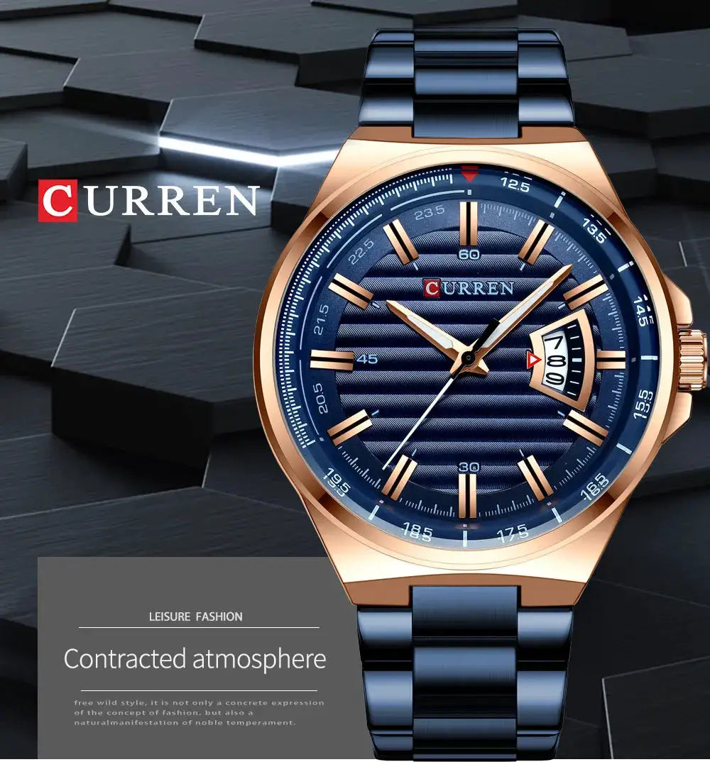 CURREN men's luxury wristwatch with blue dial, rose-gold case, blue stainless steel band and date window