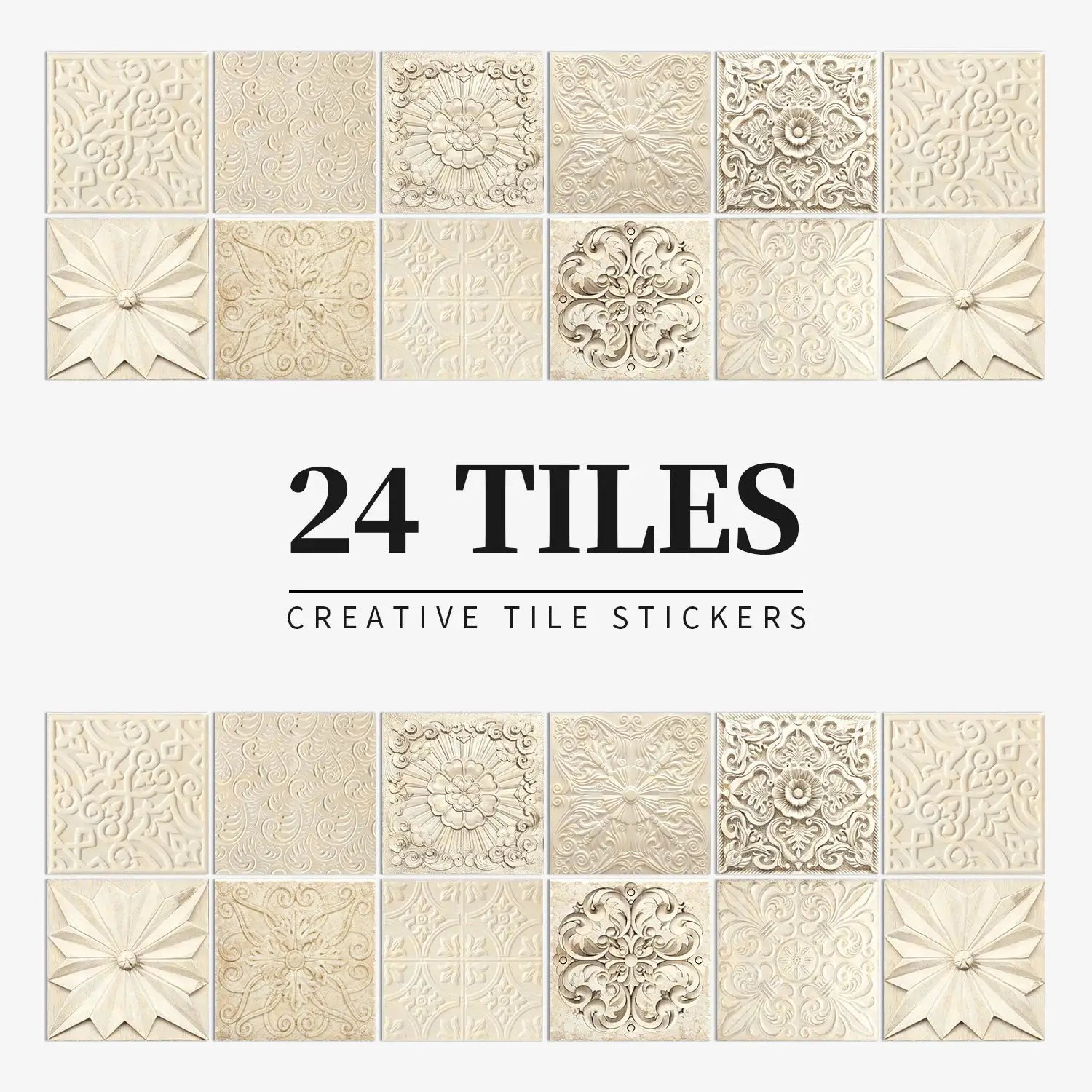 24-piece set of light cream tile stickers; self-adhesive, waterproof wall decals for kitchen or bathroom
